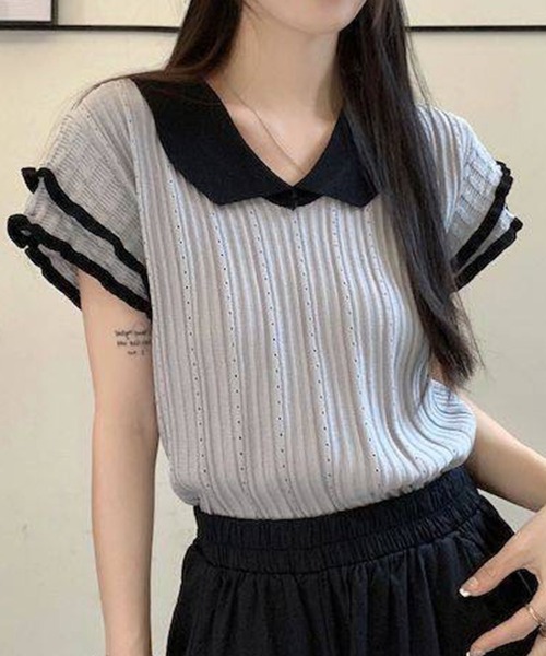 バイカラーフリル半袖トップス（ニット/セーター）｜GLAMOROUS JANE