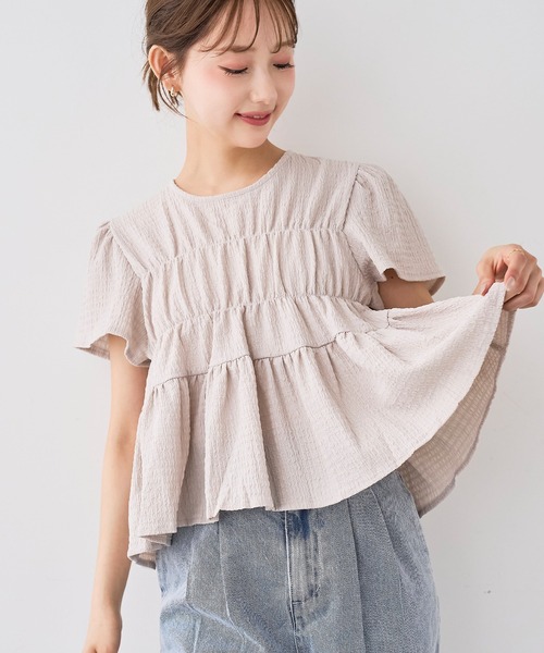 mil(ミル)の「【待望の再入荷♪】 カット楊柳 シャーリングペプラムブラウス 【587175】(シャツ/ブラウス・レディース・モカ/ブラック/オフホワイト/ピンク/ライトグレー・ONE SIZE)」の4枚目の写真