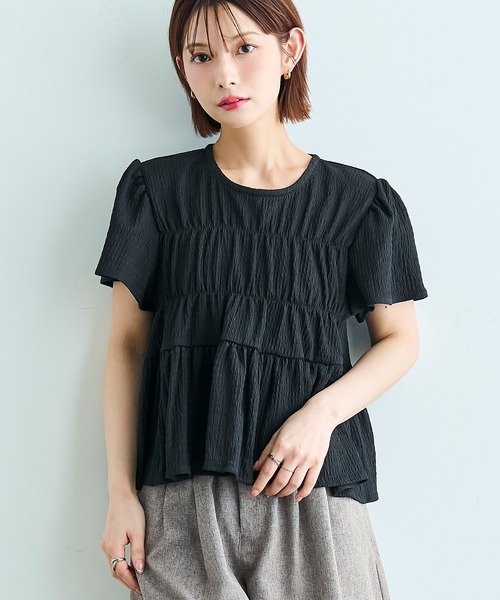 mil(ミル)の「【待望の再入荷♪】 カット楊柳 シャーリングペプラムブラウス 【587175】(シャツ/ブラウス・レディース・モカ/ブラック/オフホワイト/ピンク・ONE SIZE)」の3枚目の写真