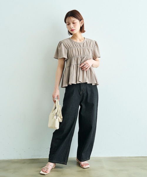 mil(ミル)の「【待望の再入荷♪】 カット楊柳 シャーリングペプラムブラウス 【587175】(シャツ/ブラウス・レディース・モカ/ブラック/オフホワイト/ピンク・ONE SIZE)」の9枚目の写真