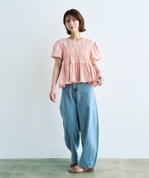 mil(ミル)の「【待望の再入荷♪】 カット楊柳 シャーリングペプラムブラウス 【587175】(シャツ/ブラウス・レディース・モカ/ブラック/オフホワイト/ピンク・ONE SIZE)」の14枚目の写真