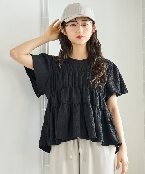 mil(ミル)の「【待望の再入荷♪】 カット楊柳 シャーリングペプラムブラウス 【587175】(シャツ/ブラウス・レディース・モカ/ブラック/オフホワイト/ピンク・ONE SIZE)」の8枚目の写真