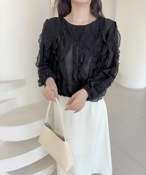 Jasmine Grandiflorum(ジャスミングランディフローラム)の「【Jasmine】ラッフルフリルグロップド丈トップス(その他トップス・レディース・ホワイト/ブラック・FREE)」の1枚目の写真
