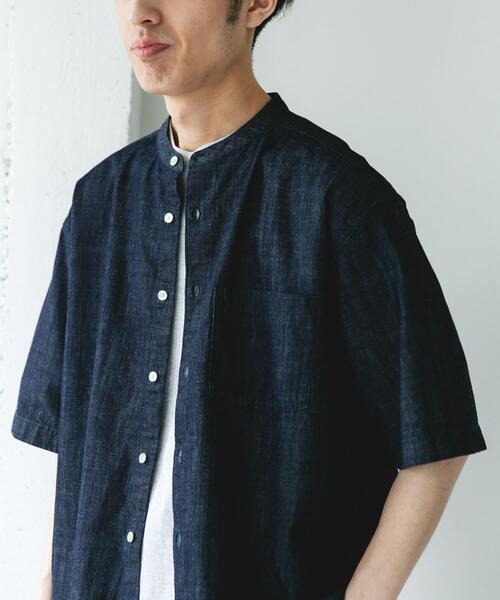 URBAN RESEARCH DOORS(アーバンリサーチドアーズ)の「リネンブレンド デニムバンドショートスリーブシャツ(シャツ/ブラウス・メンズ・ワンウォッシュ/ブルー系その他・MEDIUM/LARGE)」の3枚目の写真