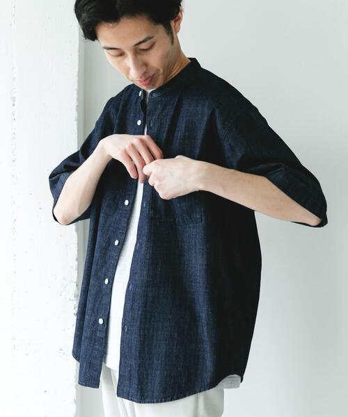 URBAN RESEARCH DOORS(アーバンリサーチドアーズ)の「リネンブレンド デニムバンドショートスリーブシャツ(シャツ/ブラウス・メンズ・ワンウォッシュ/ブルー系その他・MEDIUM/LARGE)」の7枚目の写真