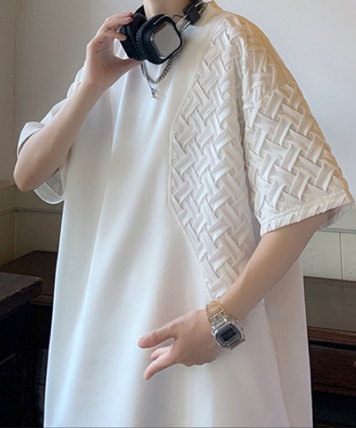 GLAMOROUS JANE(グラマラスジェーン)の「クロス編み異素材Tシャツ(Tシャツ/カットソー・メンズ・ブラック/ホワイト・M/L/LL)」の1枚目の写真