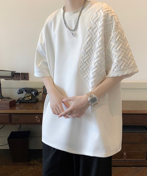 GLAMOROUS JANE(グラマラスジェーン)の「クロス編み異素材Tシャツ(Tシャツ/カットソー・メンズ・ブラック/ホワイト・M/L/LL)」の6枚目の写真