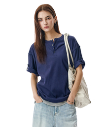 SECONDMONO（セカンドモノローグ）の「Layered Henley Roll-Up Tee [NAVY]_SETS057NAVY（Tシャツ/カットソー）」