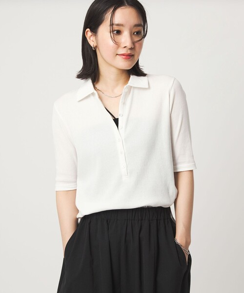 green label relaxing(グリーンレーベルリラクシング)の「【WEB限定】<at ease>シアーテレコ エリツキ カットソー(Tシャツ/カットソー・レディース・ダークブラウン/ブラック/ホワイト・FREE)」の2枚目の写真