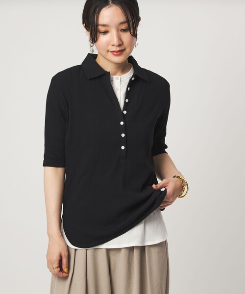 green label relaxing(グリーンレーベルリラクシング)の「【WEB限定】<at ease>シアーテレコ エリツキ カットソー(Tシャツ/カットソー・レディース・ダークブラウン/ブラック/ホワイト・FREE)」の3枚目の写真