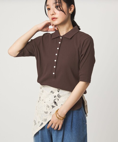 green label relaxing(グリーンレーベルリラクシング)の「【WEB限定】<at ease>シアーテレコ エリツキ カットソー(Tシャツ/カットソー・レディース・ダークブラウン/ブラック/ホワイト・FREE)」の4枚目の写真
