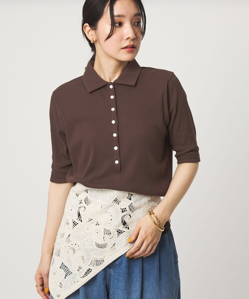 green label relaxing(グリーンレーベルリラクシング)の「【WEB限定】<at ease>シアーテレコ エリツキ カットソー(Tシャツ/カットソー・レディース・ダークブラウン/ブラック/ホワイト・FREE)」の5枚目の写真