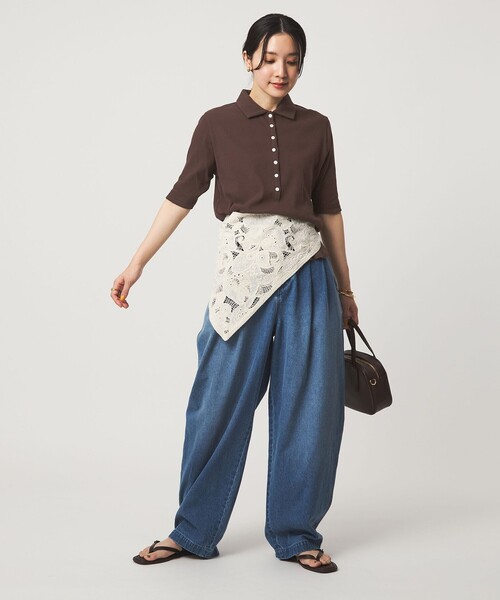 green label relaxing(グリーンレーベルリラクシング)の「【WEB限定】<at ease>シアーテレコ エリツキ カットソー(Tシャツ/カットソー・レディース・ダークブラウン/ブラック/ホワイト・FREE)」の6枚目の写真