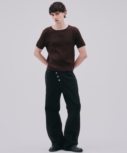 セール】asymmetric button straight denim pants / アシンメトリー