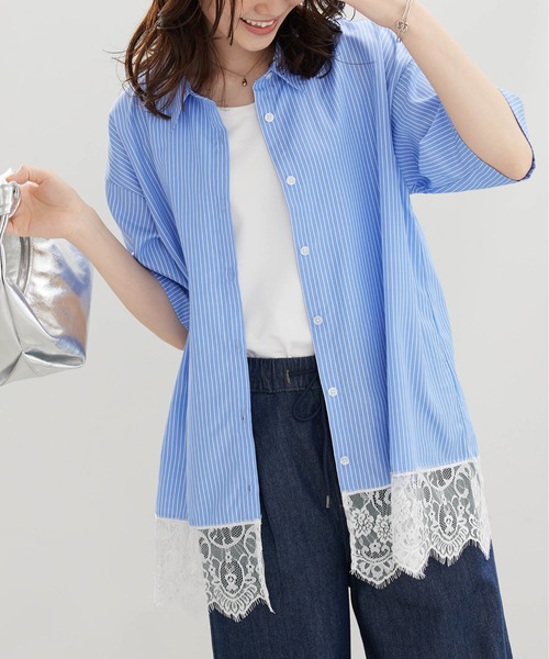BELLUNA PLUS（ベルーナ）の「裾レースデザインシャツチュニック（チュニック・レディース・ネイビー系/ブルー系・LARGE/MEDIUM/X-LARGE）」の2枚目の写真