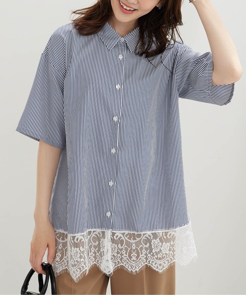 BELLUNA PLUS（ベルーナ）の「裾レースデザインシャツチュニック（チュニック・レディース・ネイビー系/ブルー系・LARGE/MEDIUM/X-LARGE）」の3枚目の写真