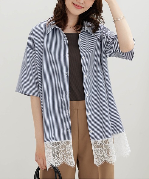 BELLUNA PLUS（ベルーナ）の「裾レースデザインシャツチュニック（チュニック・レディース・ネイビー系/ブルー系・LARGE/MEDIUM/X-LARGE）」の9枚目の写真