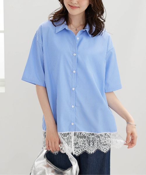 BELLUNA PLUS（ベルーナ）の「裾レースデザインシャツチュニック（チュニック・レディース・ネイビー系/ブルー系・LARGE/MEDIUM/X-LARGE）」の15枚目の写真