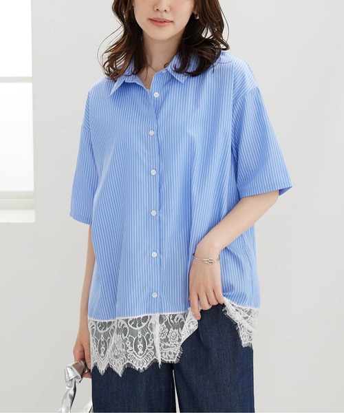 BELLUNA PLUS（ベルーナ）の「裾レースデザインシャツチュニック（チュニック・レディース・ネイビー系/ブルー系・LARGE/MEDIUM/X-LARGE）」の16枚目の写真