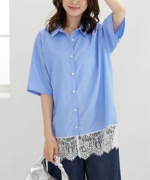 BELLUNA PLUS（ベルーナ）の「裾レースデザインシャツチュニック（チュニック・レディース・ネイビー系/ブルー系・LARGE/MEDIUM/X-LARGE）」の17枚目の写真