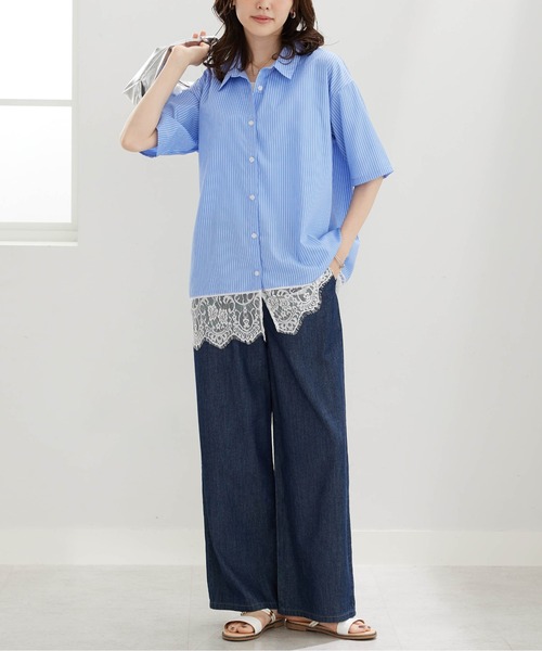 BELLUNA PLUS（ベルーナ）の「裾レースデザインシャツチュニック（チュニック・レディース・ネイビー系/ブルー系・LARGE/MEDIUM/X-LARGE）」の18枚目の写真