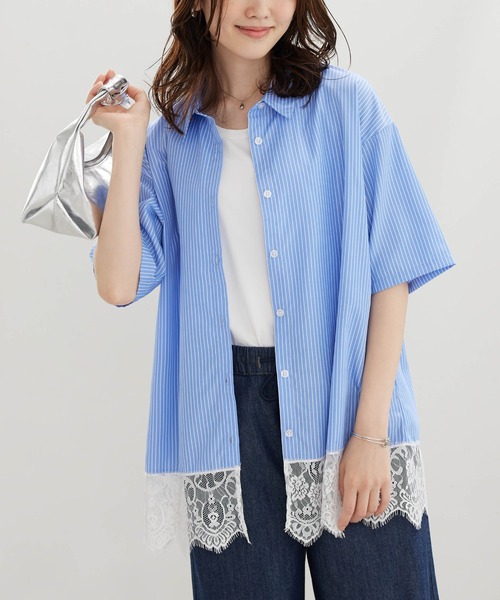 BELLUNA PLUS（ベルーナ）の「裾レースデザインシャツチュニック（チュニック・レディース・ネイビー系/ブルー系・LARGE/MEDIUM/X-LARGE）」の21枚目の写真