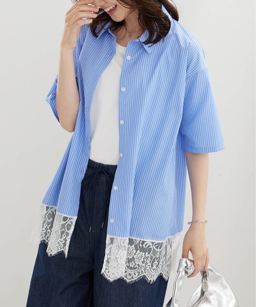 BELLUNA PLUS（ベルーナ）の「裾レースデザインシャツチュニック（チュニック・レディース・ネイビー系/ブルー系・LARGE/MEDIUM/X-LARGE）」の22枚目の写真