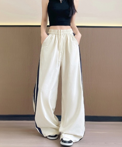 Miniministore(ミニミニストア)の「ワイドパンツ 配色 サイドライン 春夏(スラックス・レディース・アイボリー/ネイビー/ライトブルー/ベビーピンク・M/L)」の5枚目の写真