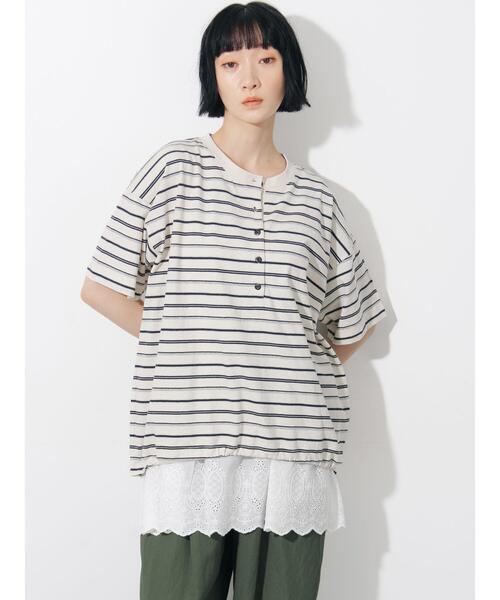 Samansa Mos2(サマンサ モスモス)の「ボーダーヘンリーネックカットソー(Tシャツ/カットソー・レディース・サックスブルー/アイボリー/ブラウン・F)」の2枚目の写真