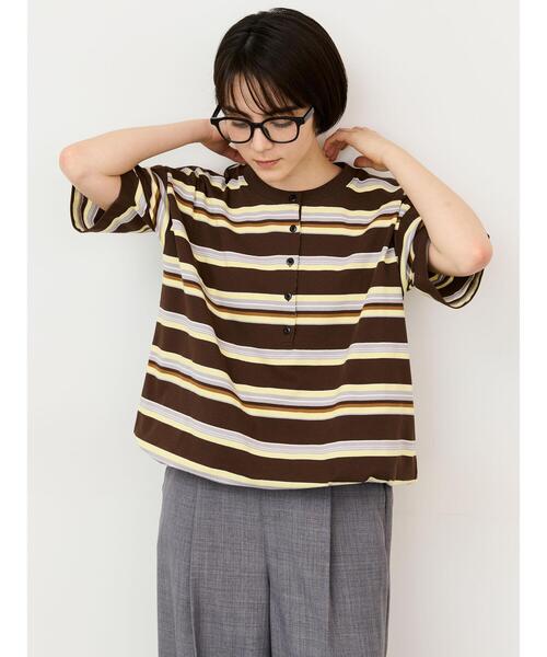 Samansa Mos2(サマンサ モスモス)の「ボーダーヘンリーネックカットソー(Tシャツ/カットソー・レディース・サックスブルー/アイボリー/ブラウン・F)」の4枚目の写真