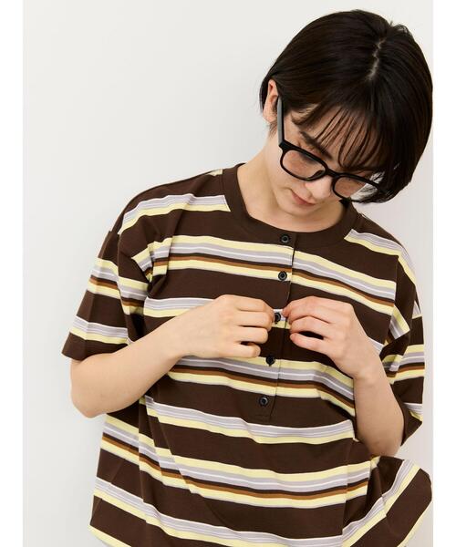 Samansa Mos2(サマンサ モスモス)の「ボーダーヘンリーネックカットソー(Tシャツ/カットソー・レディース・サックスブルー/アイボリー/ブラウン・F)」の6枚目の写真