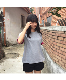配色ロールアップスリーブTシャツメランジグレー