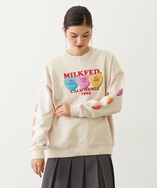 MILKFED.(ミルクフェド)の「SWEETHEARTS CANDY SWEAT TOP(スウェット・レディース・アッシュ/オフホワイト/ライトパープル・L/M)」の1枚目の写真