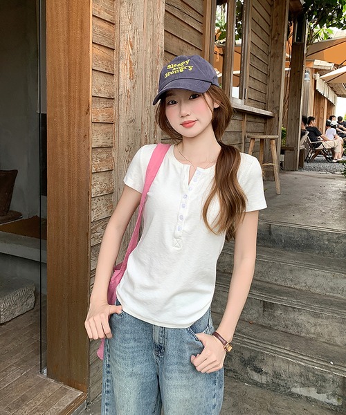 Girly Doll(ガーリードール)の「ヘンリーネックベーシックTシャツ(その他トップス・レディース・ホワイト/ブラック/ピンク・M/L)」の8枚目の写真