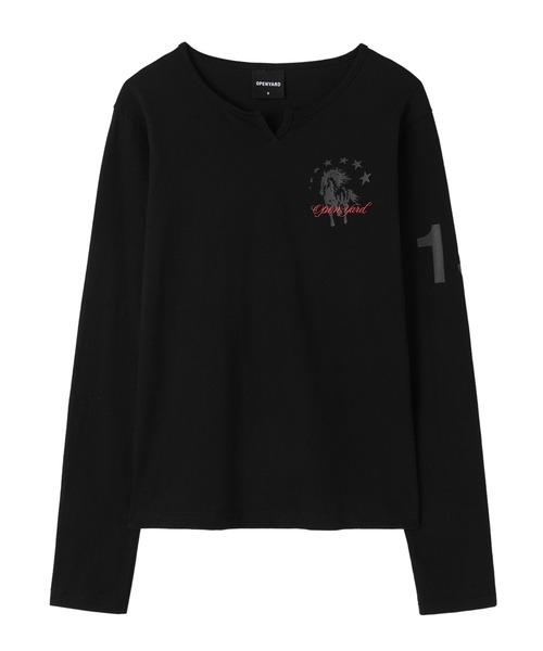 Openyard(オープンヤード)の「『Openyard/オープンヤード』SLIT NECK HORSE LONG SLEEVE TEE/スリットネックホース長袖Tシャツ(Tシャツ/カットソー・メンズ・ブラック/ホワイト・S/M/L)」の12枚目の写真