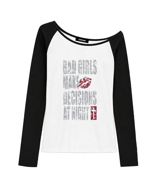 IZROOM(イズルーム)の「バッドキス ワンショルダーラグラン長袖トップス (BLACK WHITE)(Tシャツ/カットソー・レディース・その他・FREE)」の1枚目の写真