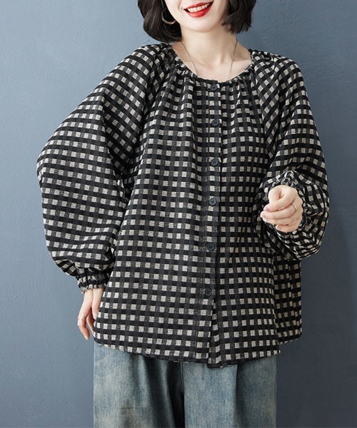 ReRe(リリ)の「チェック×ストライプギャザー襟ブラウス(シャツ/ブラウス・レディース・ストライプ/チェック・LARGE/MEDIUM/X-LARGE)」の1枚目の写真