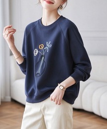 フラワー刺繍クルーネック長袖スウェットプルオーバ
