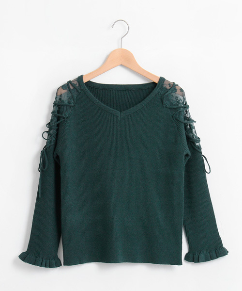 MAJESTIC LEGON（マジェスティックレゴン）の「【WEB限定価格】レース編み上げニットプルオーバー（ニット/セーター・レディース・グリーン/ブラック/ピンク系その他/マスタード/アイボリー/ピンク・MEDIUM）」の4枚目の写真