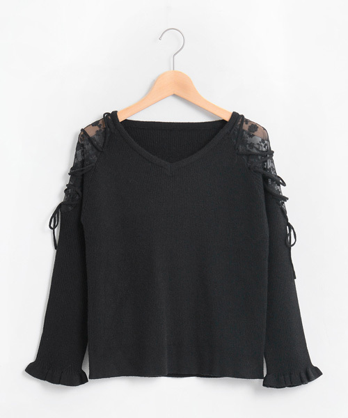 MAJESTIC LEGON（マジェスティックレゴン）の「【WEB限定価格】レース編み上げニットプルオーバー（ニット/セーター・レディース・グリーン/ブラック/ピンク系その他/マスタード/アイボリー/ピンク・MEDIUM）」の3枚目の写真