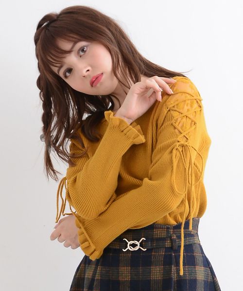 MAJESTIC LEGON（マジェスティックレゴン）の「【WEB限定価格】レース編み上げニットプルオーバー（ニット/セーター・レディース・グリーン/ブラック/ピンク系その他/マスタード/アイボリー/ピンク・MEDIUM）」の21枚目の写真