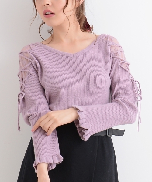 MAJESTIC LEGON（マジェスティックレゴン）の「【WEB限定価格】レース編み上げニットプルオーバー（ニット/セーター・レディース・グリーン/ブラック/ピンク系その他/マスタード/アイボリー/ピンク・MEDIUM）」の15枚目の写真