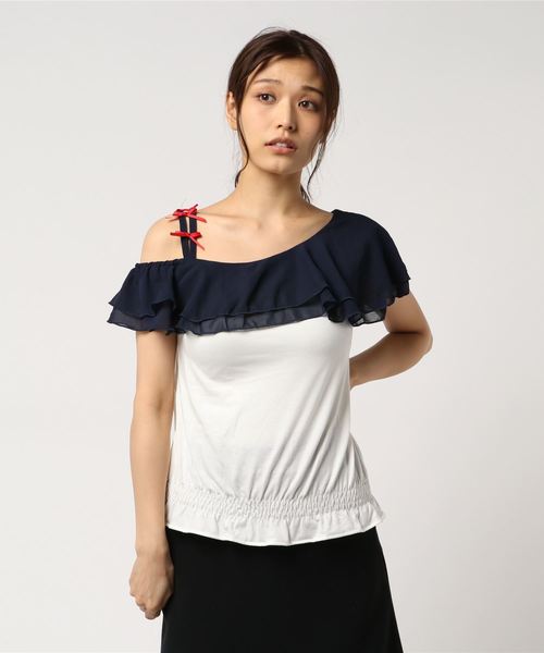 Secret Honey（シークレットハニー）の「ミニリボンワンショルダートップス（Tシャツ/カットソー・レディース・ブルー/オフホワイト/ネイビー・FREE）」の2枚目の写真