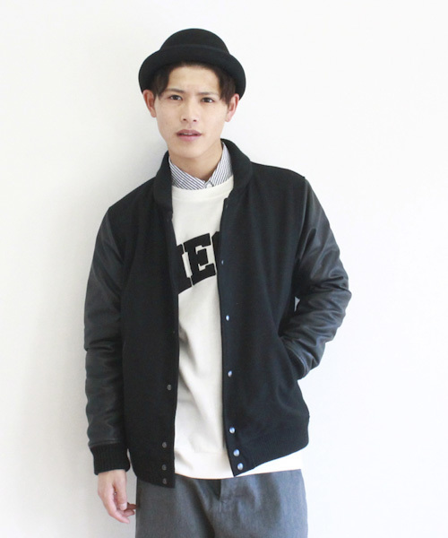 WEGO（ウィゴー）の「WEGO/メルトン切替スタジャン（スタジャン・メンズ・ワイン/ブラック/ネイビー・MEDIUM/LARGE）」の2枚目の写真