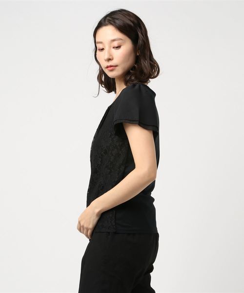 TRUDEA（トルディア）の「【接触冷感シルケット素材】　前身頃レース・袖シフォン　半袖カットソー（Tシャツ/カットソー・レディース・ホワイト/ライトグレー/ブラック/ベージュ/サックスブルー/ピンク・SMALL/MEDIUM/LARGE）」の8枚目の写真