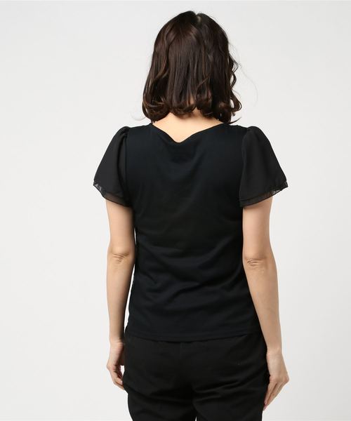 TRUDEA（トルディア）の「【接触冷感シルケット素材】　前身頃レース・袖シフォン　半袖カットソー（Tシャツ/カットソー・レディース・ホワイト/ライトグレー/ブラック/ベージュ/サックスブルー/ピンク・SMALL/MEDIUM/LARGE）」の7枚目の写真