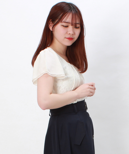 TRUDEA（トルディア）の「【接触冷感シルケット素材】　前身頃レース・袖シフォン　半袖カットソー（Tシャツ/カットソー・レディース・ホワイト/ライトグレー/ブラック/ベージュ/サックスブルー/ピンク・SMALL/MEDIUM/LARGE）」の5枚目の写真