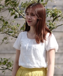 【接触冷感シルケット素材】　前身頃レース・袖シフォン　半袖カットソー