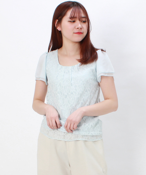 TRUDEA（トルディア）の「【接触冷感シルケット素材】　前身頃レース・袖シフォン　半袖カットソー（Tシャツ/カットソー・レディース・ホワイト/ライトグレー/ブラック/ベージュ/サックスブルー/ピンク・SMALL/MEDIUM/LARGE）」の6枚目の写真