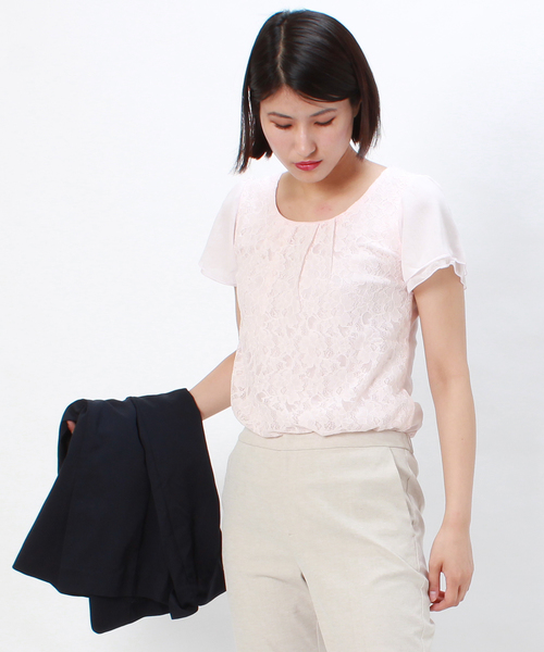 TRUDEA（トルディア）の「【接触冷感シルケット素材】　前身頃レース・袖シフォン　半袖カットソー（Tシャツ/カットソー・レディース・ホワイト/ライトグレー/ブラック/ベージュ/サックスブルー/ピンク・SMALL/MEDIUM/LARGE）」の2枚目の写真